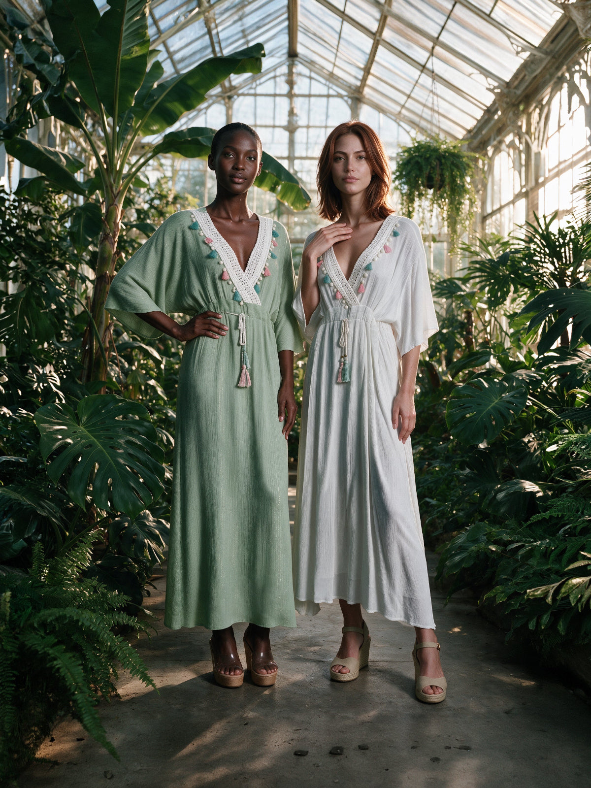 Two women modeling long, loose V-neck maxi dresses in a sunlit greenhouse. The dress on the left is sage green with white and pink floral embroidery and tassel ties.