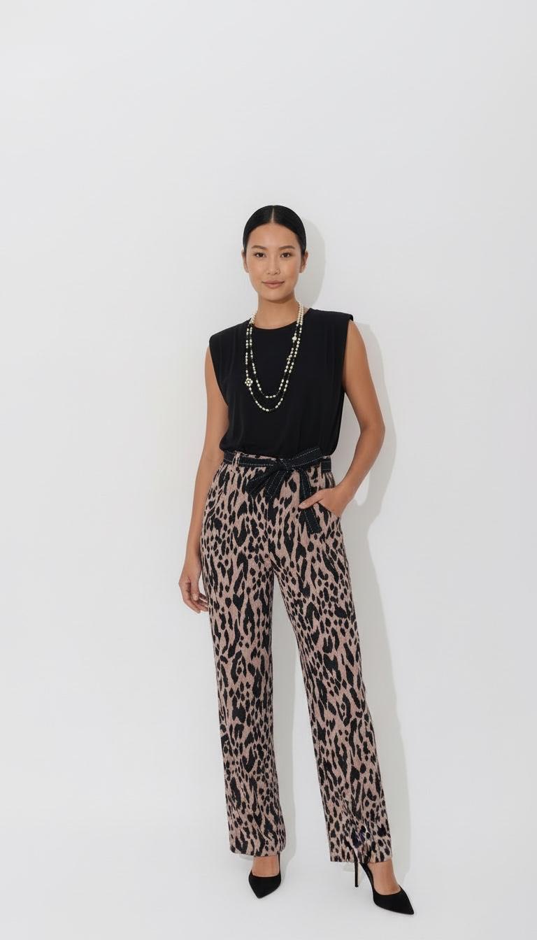 A woman modeling a black sleeveless top and leopard-print wide-leg trousers with black pointed heels, standing against a plain white studio background.
