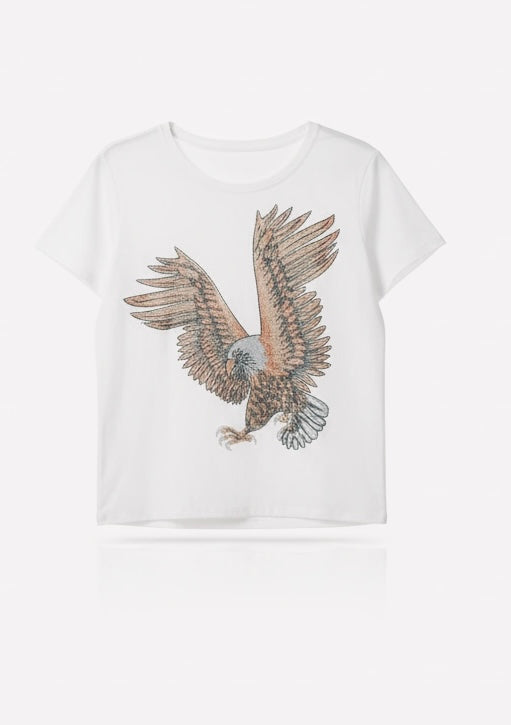 White tee shirt with eagle in front .