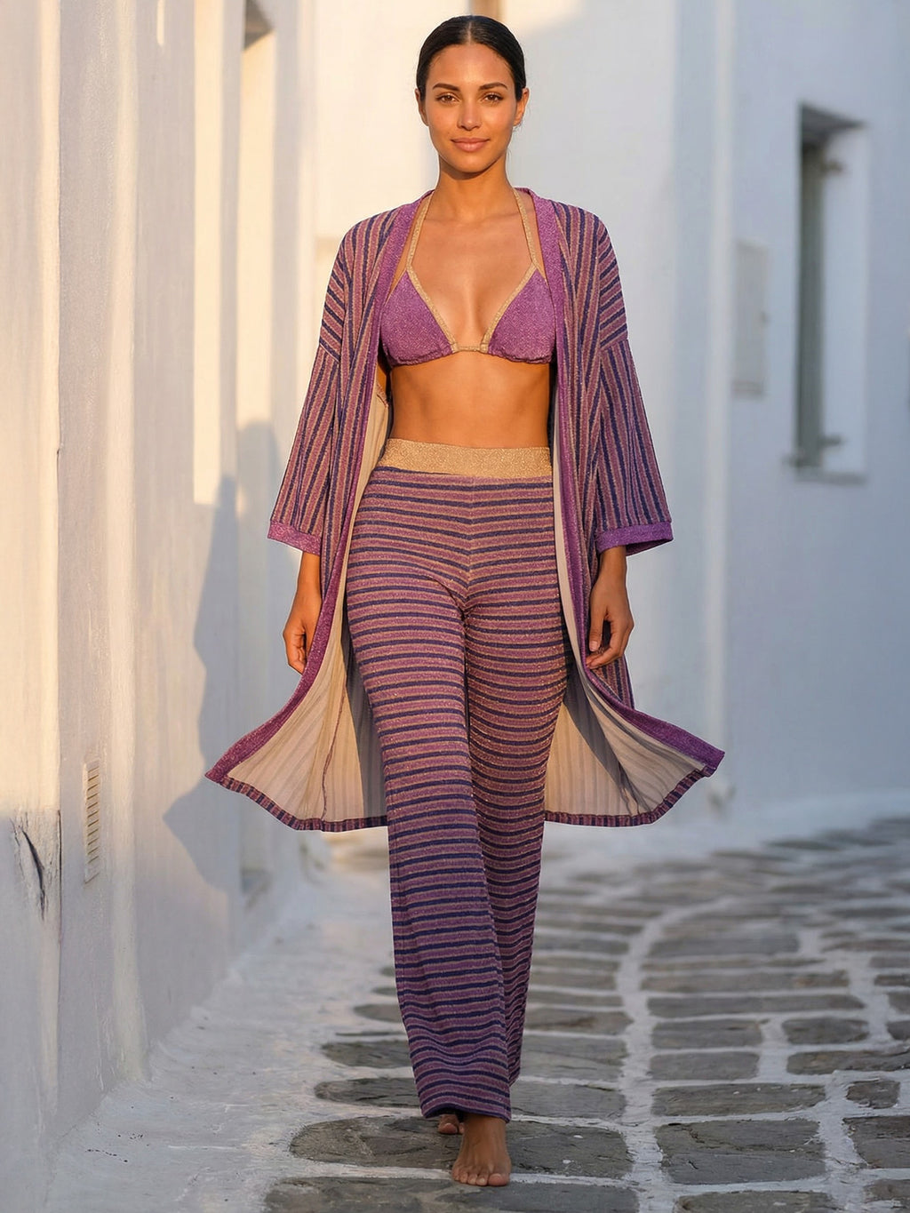 Club 55 Beach Outfit – 4 Pieces Beach Set Women Standing in the street.