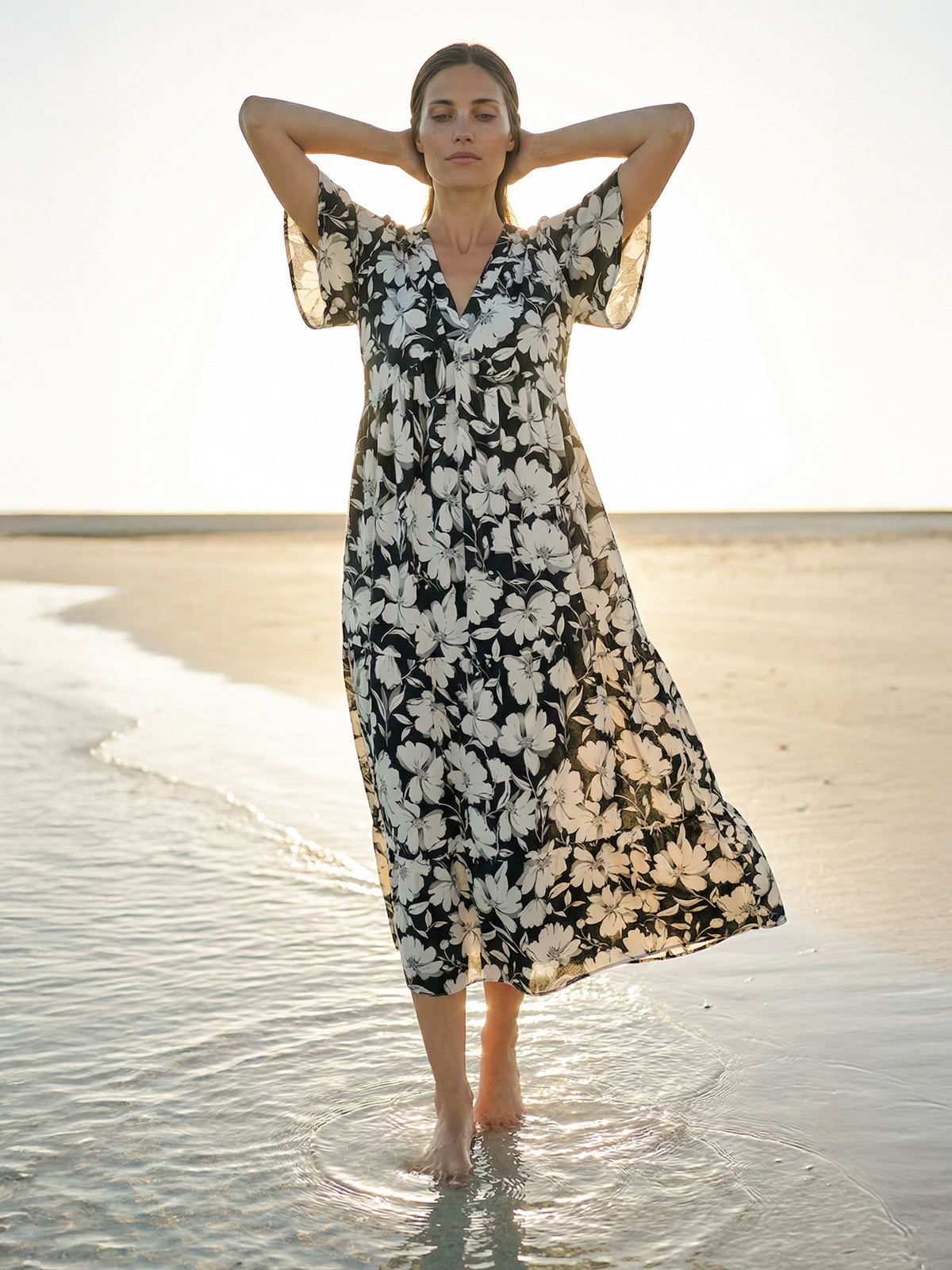 Marguerite Long Dress, Black & White Dress Women Standing in the beach