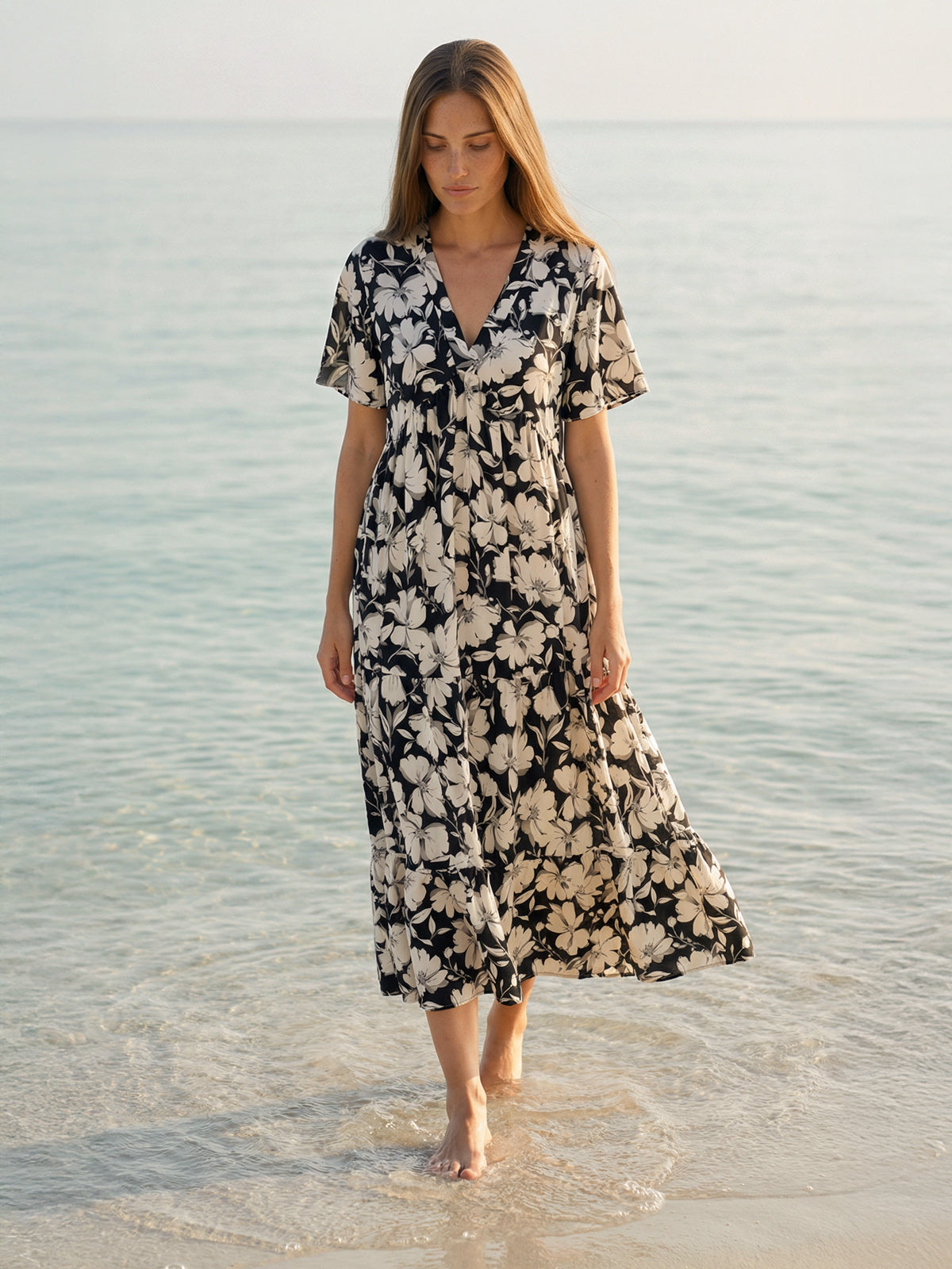 Marguerite Long Dress, Black & White Dress Women Standing in the beach