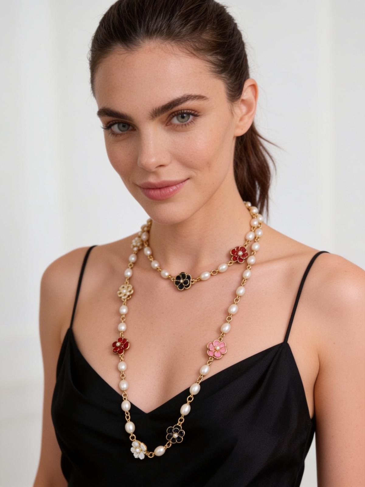 A woman wearing a long layered necklace with white pearls, gold-tone links, and colorful flower charms in red, pink, and black, paired with a black spaghetti-strap top against a soft white background.
