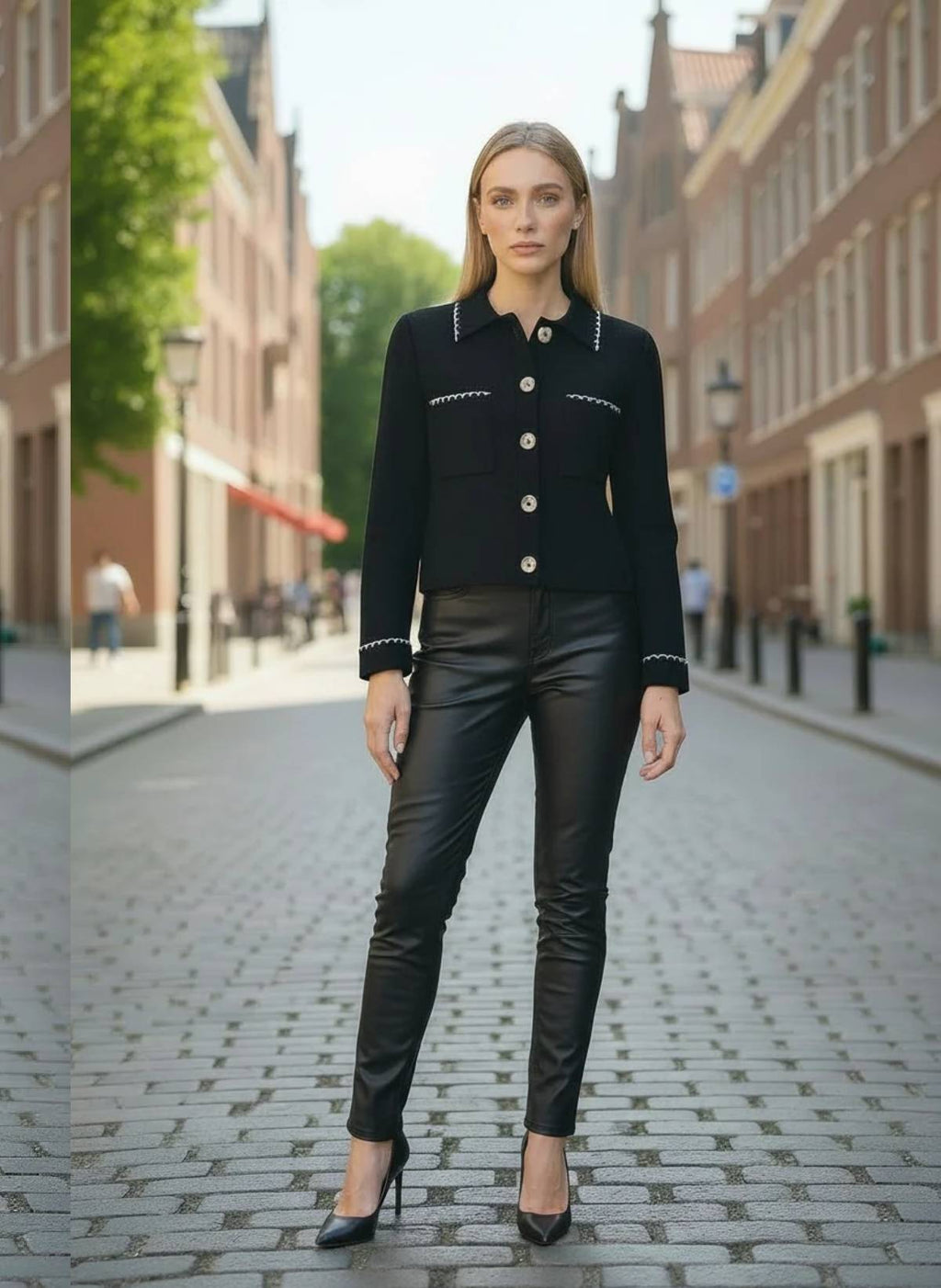 Valina Gilet, Navy Blue Sweater Women Standing in the Street