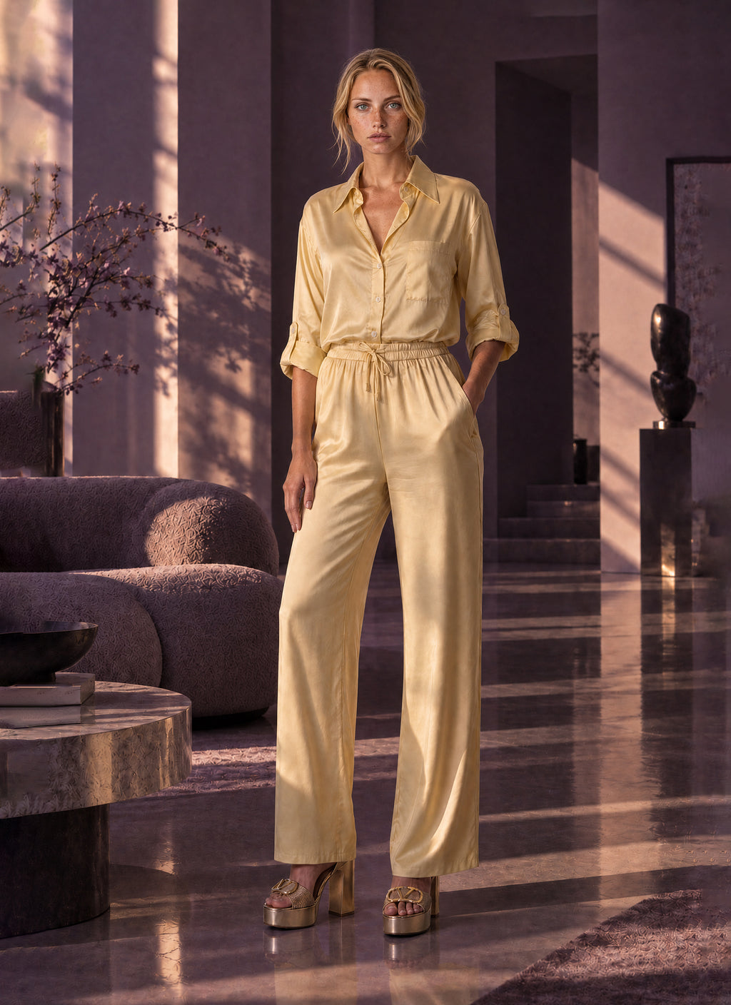A woman stands in a modern interior wearing a pale yellow satin-like button-front shirt and matching wide-leg tie-waist pants, paired with metallic platform heels.