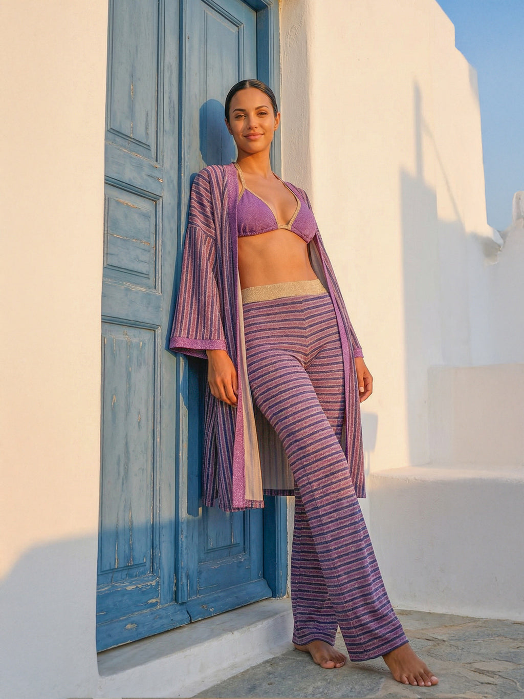 Club 55 Beach Outfit – 4 Pieces Beach Set Women Standing in the street. Side View
