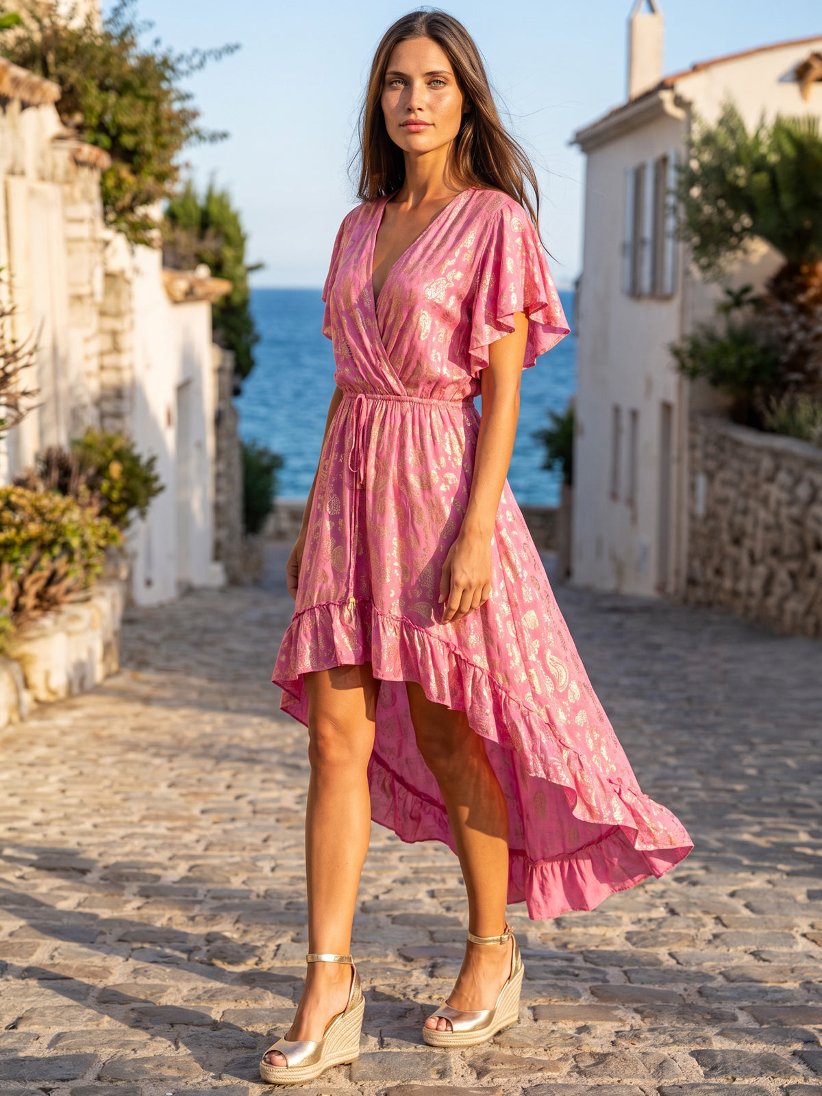 A woman stands on a cobblestone street in a Mediterranean-style village, wearing a pink high-low wrap dress with flutter sleeves and gold wedge sandals.