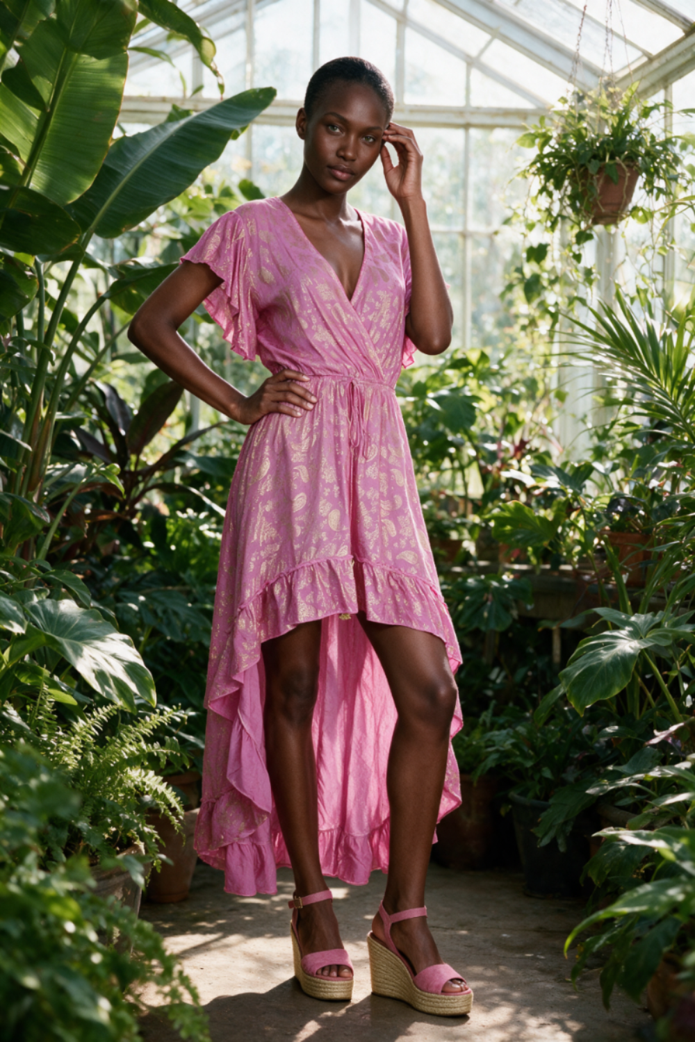 A woman modeling a pink high-low wrap dress with a gold abstract pattern, standing in a lush green greenhouse wearing pink wedge sandals.