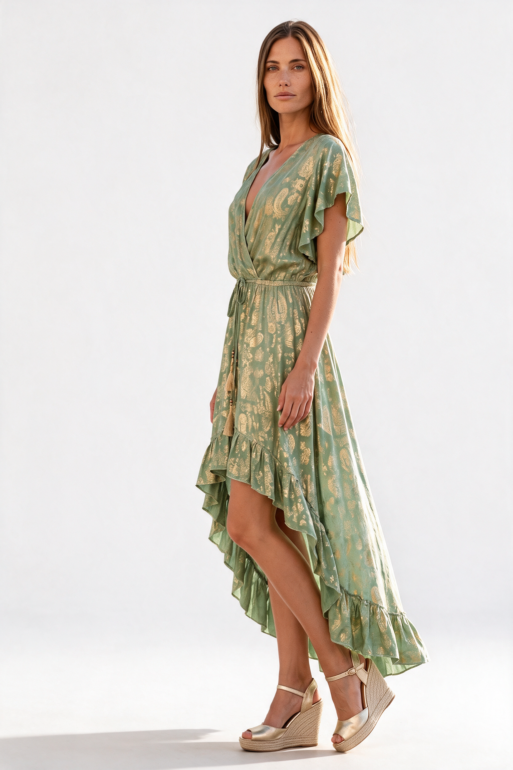 A woman modeling a light green wrap-style midi dress with a gold floral pattern, ruffled short sleeves, a tie waist, and an asymmetrical ruffled hem, paired with beige wedge sandals against a white studio background.