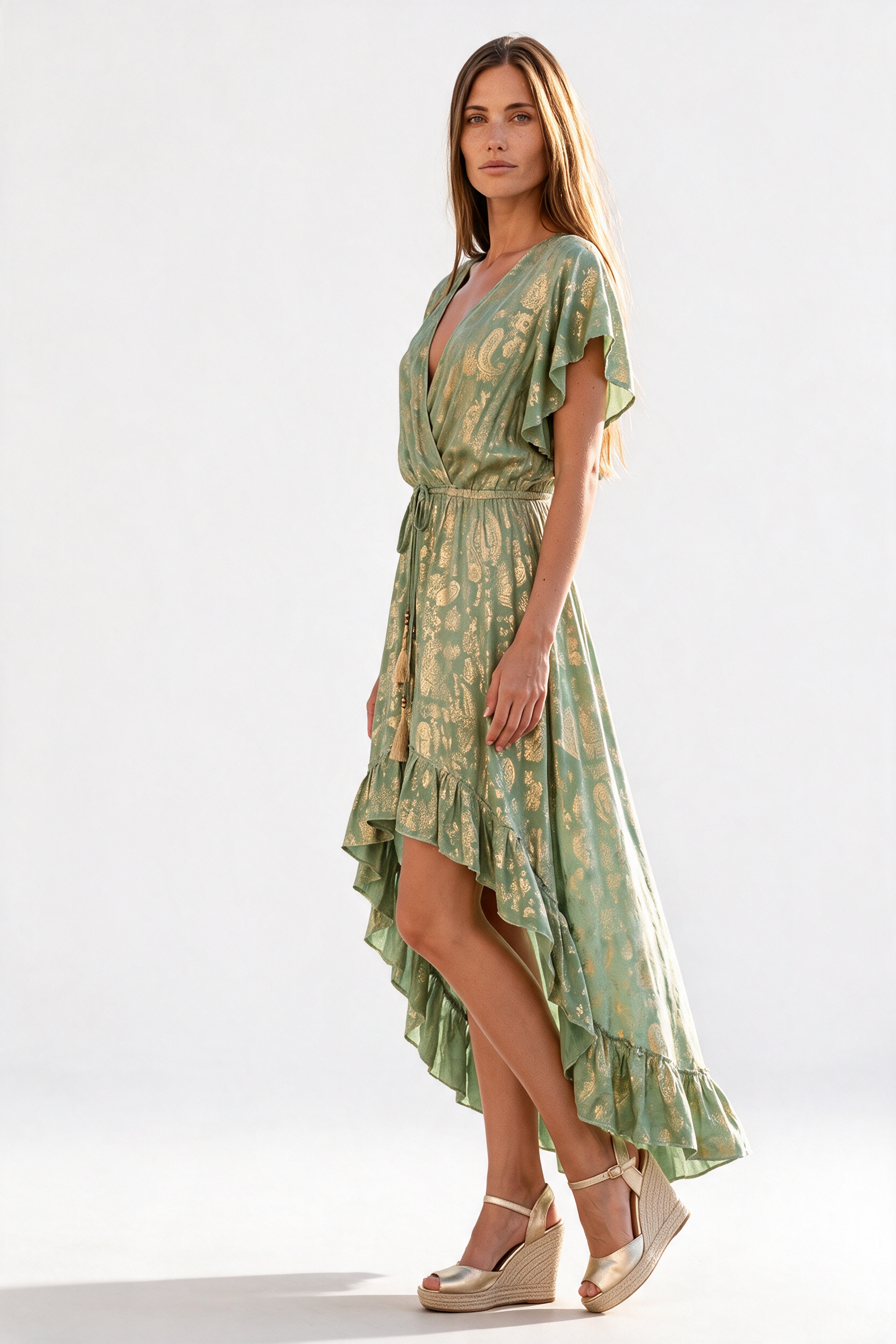 A woman modeling a light green wrap-style midi dress with a gold floral pattern, ruffled short sleeves, a tie waist, and an asymmetrical ruffled hem, paired with beige wedge sandals against a white studio background.