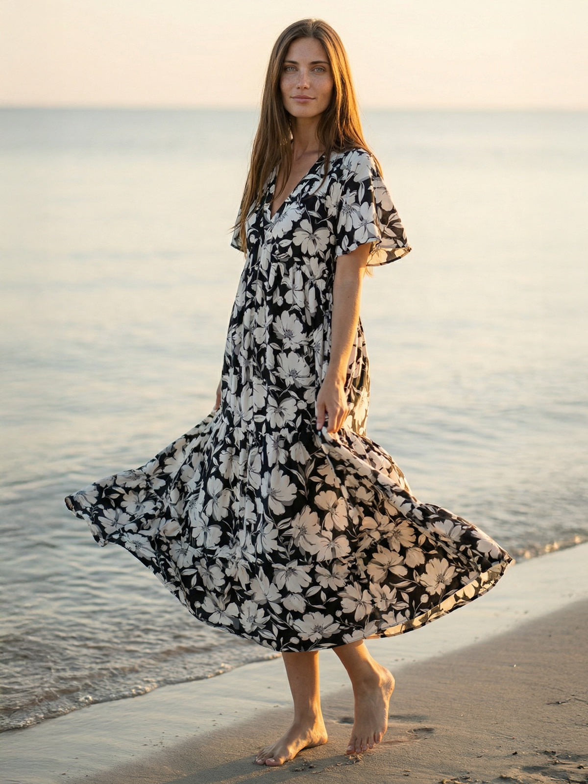 Marguerite Long Dress, Black & White Dress Women Standing in the beach